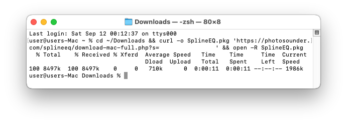 Screenshot of the SplineEQ download command in Terminal